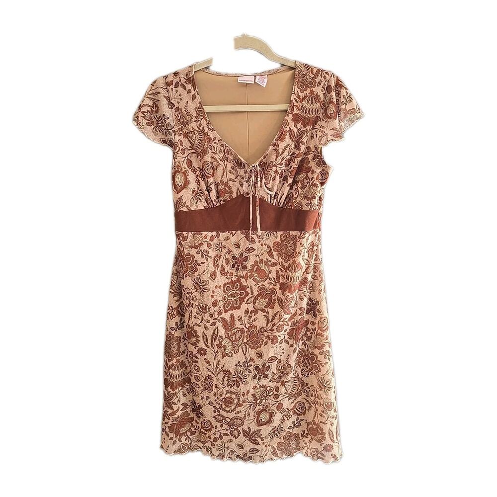 Vtg Y2k‎ Preppy Xhilaration Brown Floral Babydoll Mini Shift Dress Womans Medium